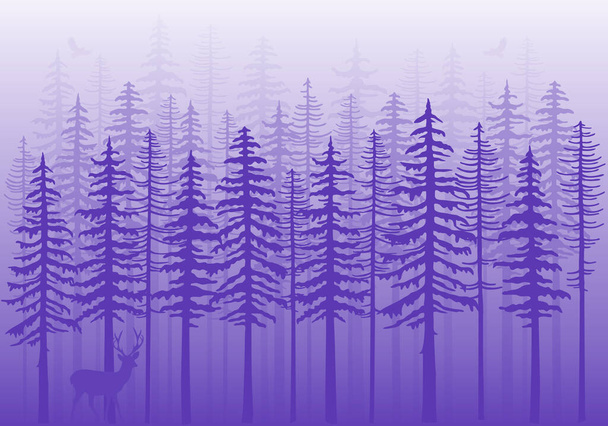 Fialový zimní les s jedlemi, jeleny a ptáky, velmi peri vektorové pozadí ilustrace - Vektor, obrázek