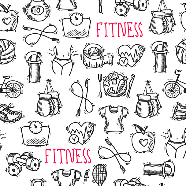 Dibujo de fitness patrón sin costura en blanco y negro
 - Vector, Imagen