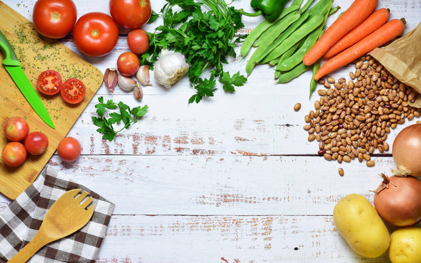 Healthy food, vegetables, legumes, on a wooden table. - Fotoğraf, Görsel