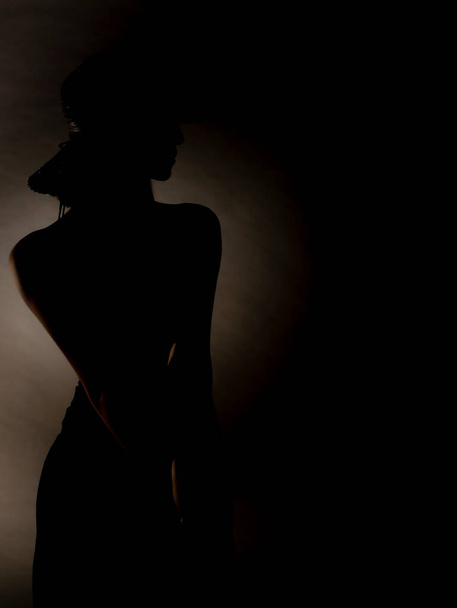 Elegantes Mädchen in Silhouette zeigt ihre schönen Arme im Atelier - Foto, Bild