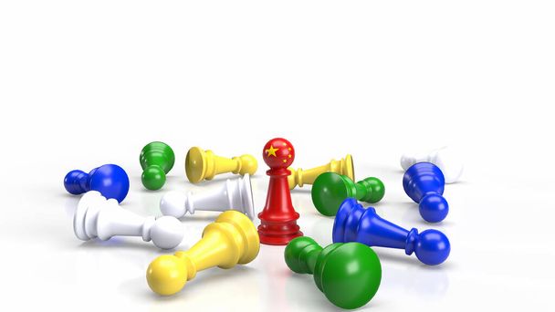 Красные китайские шахматы и разноцветные шахматы на белом фоне для бизнес-концепции 3D рендеринга - Фото, изображение