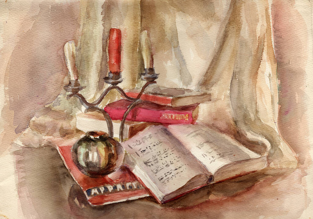Akvarel. Zátiší ilustrace s otevřenými hudebními tóny, svícen se třemi svíčkami, červená stará kniha na béžovém závěsu  - Fotografie, Obrázek