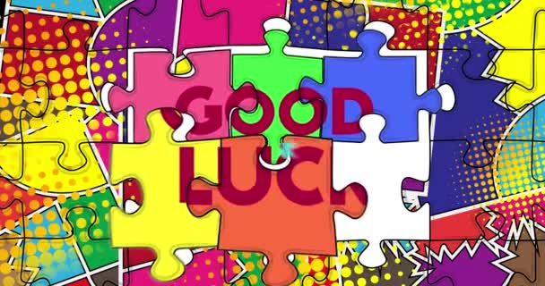 Puzzleteile, Elemente, die in Reihenfolge mit dem Text Good luck. Symbol für Teamarbeit, Zusammenarbeit, Partnerschaft. - Filmmaterial, Video