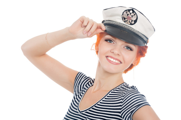 Cheerful girl with red hair sailor - Fotoğraf, Görsel