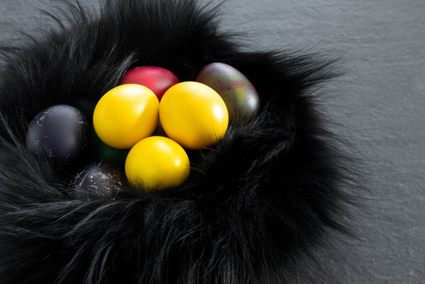 Black fur nest with painted yellow eggs on a dark stone table. Festive Easter banner with branches. Concept design - Foto, Imagem