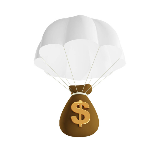 Paracaídas 3D con una bolsa de dinero, ilustración aislada sobre un fondo blanco, representación 3D - Foto, Imagen