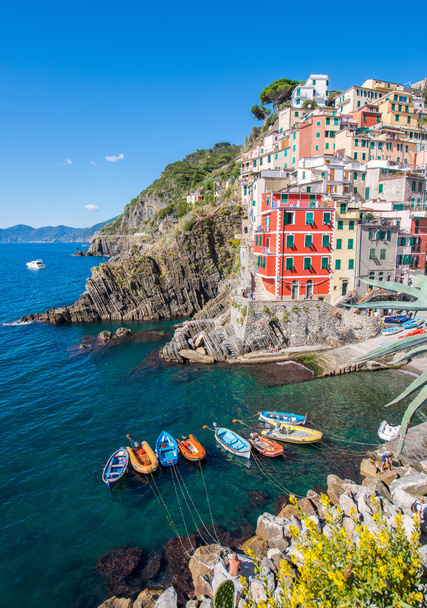 Riomaggiore çarpıcı görünümü kayalıklarla, evleri ve tekneler - Cinq ile - Fotoğraf, Görsel