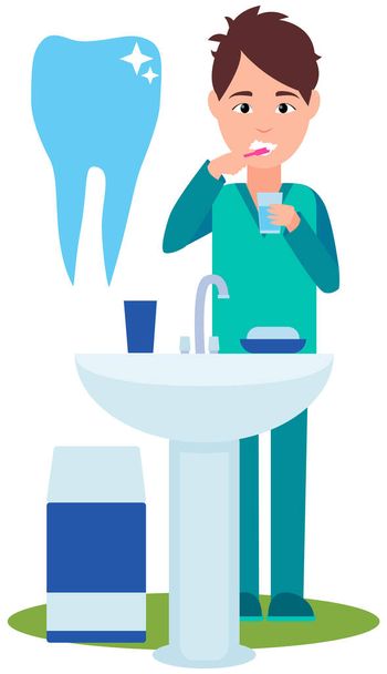 Man brushing teeth with toothpaste and toothbrush. Guy rinsing mouth with dental care product - Vektor, obrázek