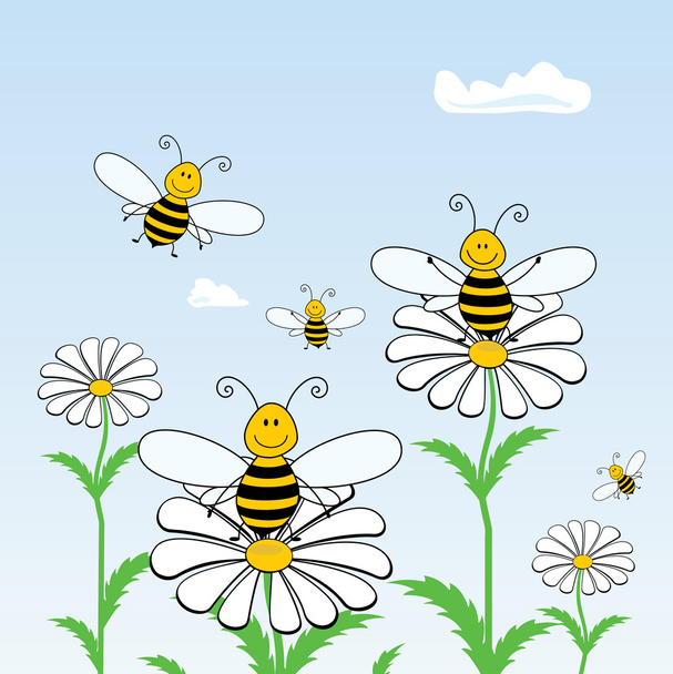 Пчелы на цветах
 - Вектор,изображение