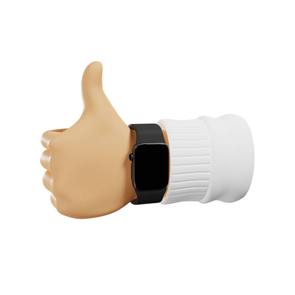 Cartoon 3d hand with smart watch on the wrist shows thumb up, изолированный на белом фоне, 3d rendering  - Фото, изображение