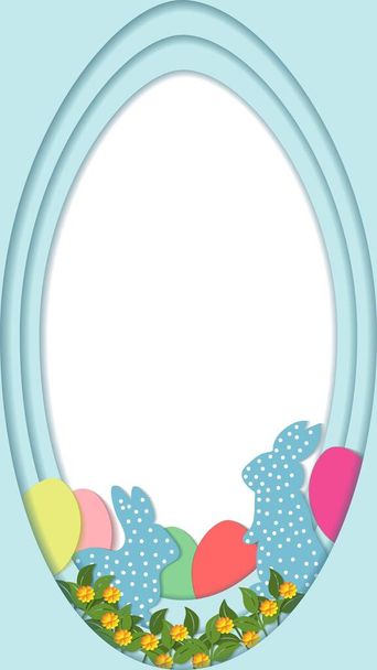 Design de modelo vertical com coelhos decorativos, ovos de Páscoa multicoloridos, grama, flores. Estilo plano. Moldura para banners, cartões de felicitações, redes sociais. Ilustração vetorial - Vetor, Imagem