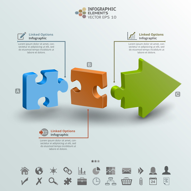 Pfeil aus drei Puzzleteilen Infografik Hintergrund - Vektor, Bild