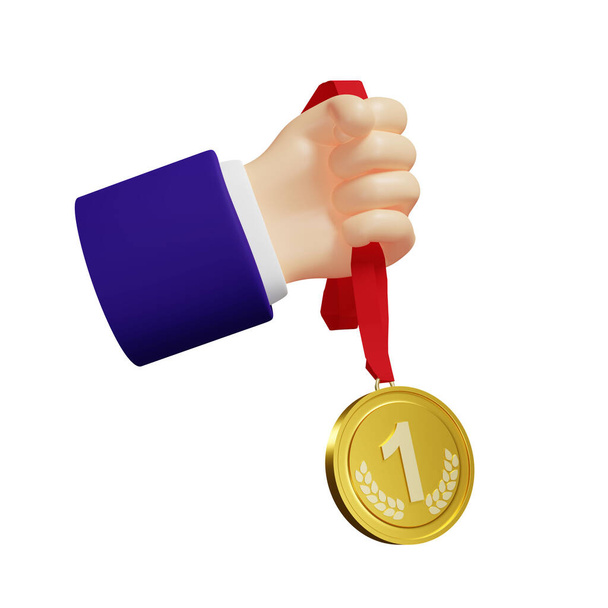 3d zakenman hand met een gouden medaille, eerste plaats, award, geïsoleerd op witte achtergrond, 3d illustratie - Foto, afbeelding