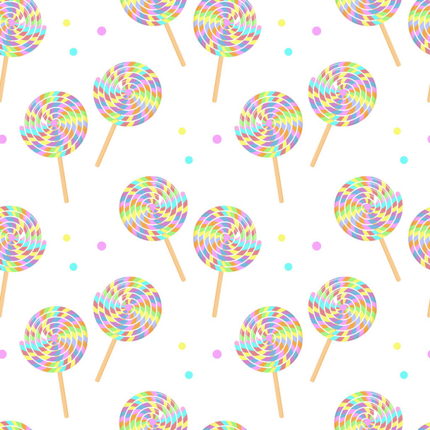 Patrón sin costuras de piruletas, caramelos en espiral multicolor realistas sobre un fondo blanco. Impresión infantil. textiles, envases de vacaciones - Vector, Imagen