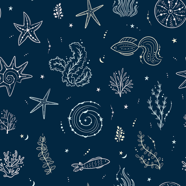 Seamless pattern with seashells, seaweed, fish and starfishes. Marine dark blue background. For printing, fabric, textile, manufacturing, wallpapers. Under the sea. - ベクター画像