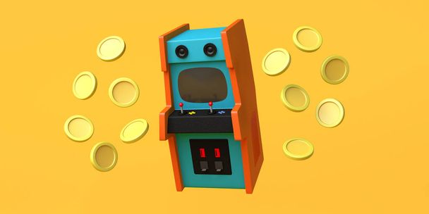 Retro arcade game machine with floating coins. Arcade room. Copy space. Gaming concept. 3D illustration. - Photo, Image