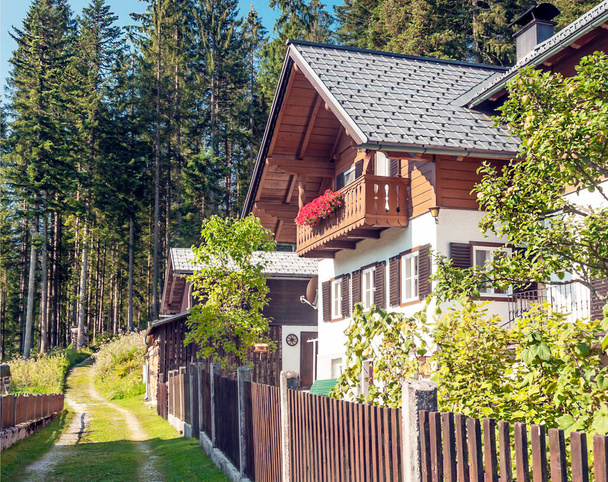 Das Dorf Gosau mit seinen Holzhäusern in den österreichischen Alpen an einem bewölkten Tag. - Foto, Bild