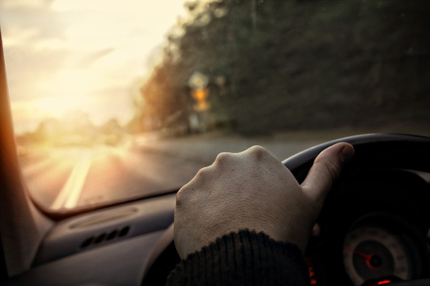 Hand on the steering wheel - the driver drives into the sunset - Foto, Bild