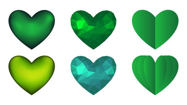 Набор векторных зеленых сердец. Векторная 3D иллюстрация. Векторная коллекция зеленых сердец на белом фоне - Вектор,изображение