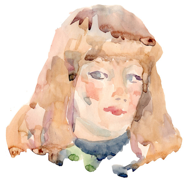 Υδατογραφία σκίτσο του προσώπου νεαρή κοπέλα με ανοιχτόχρωμο δέρμα, μπλε μάτια και πλούσια κυματιστά ανοιχτά καστανά μαλλιά απομονώνονται σε λευκό φόντο - Φωτογραφία, εικόνα