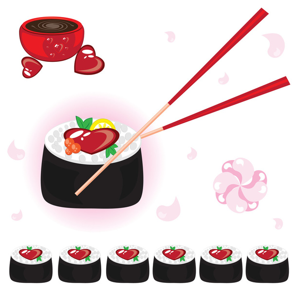 Japanese rolls with sauce and chopsticks - Vector, Image