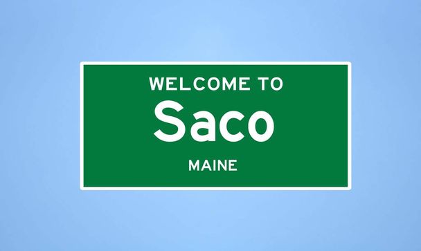 Saco, znak graniczny miasta Maine. Znak miasta z USA. - Zdjęcie, obraz