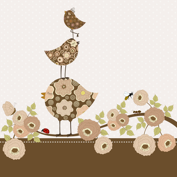 Greeting card with cute  birds on branch with flowers  - Вектор, зображення