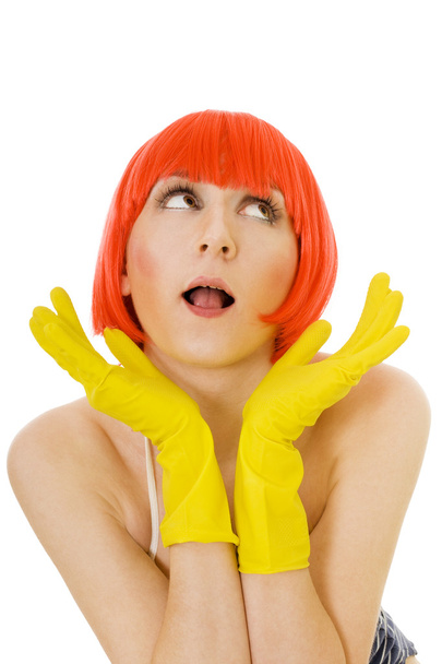 Carefree woman in red wig and yellow gloves - Foto, imagen