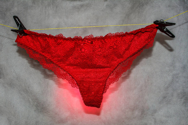 Red lace female panties.Subject shot of red lace panties with scroll tracery. - Photo, Image