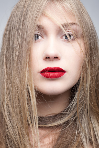 Blonde with red lips. - Фото, изображение