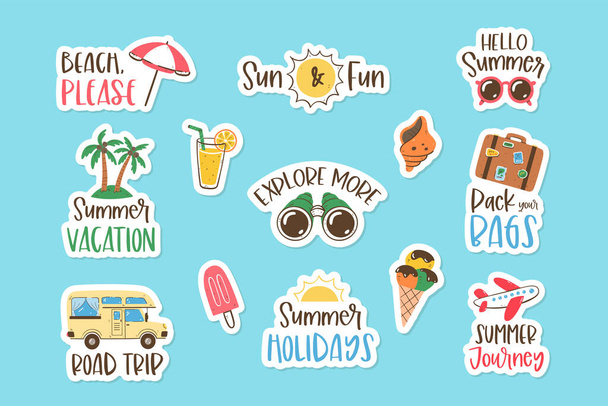 Summer Holidays Sticker Collection. Hand-drawn isolated object and letterings with a white border. Funny sentences for summertime. Vector illustration. - Vector, Image