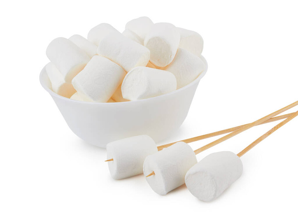 Marshmallow on a wooden stick isolated on white background - Photo, Image