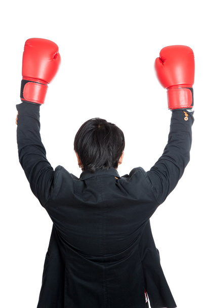 Asian man wear boxing gloves raise his hands up - Foto, Imagem