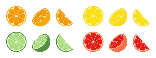 Zitrusscheiben. Zitrussymbole aus Orange, Zitrone, Grapefruit und Limette. Obst mit Vitamin C. Runde, halbe und Scheiben Frucht für Saft. Flaches Symbol isoliert auf weißem Hintergrund. Vektor. - Vektor, Bild