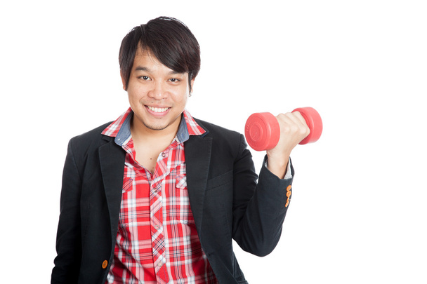 Asian man hold red dumbbell and smile - Fotografie, Obrázek