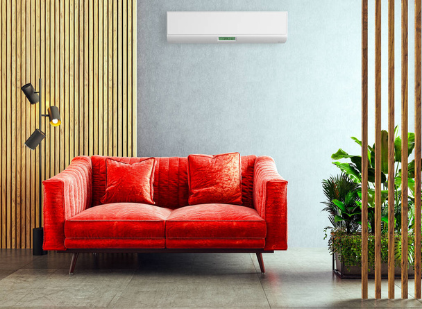 grande luxo moderno interiores luminosos sala de estar com ar condicionado mockup ilustração 3D renderização
 - Foto, Imagem