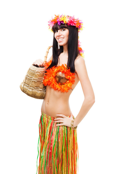 Woman in costume made of flowers hold basket - Фото, зображення
