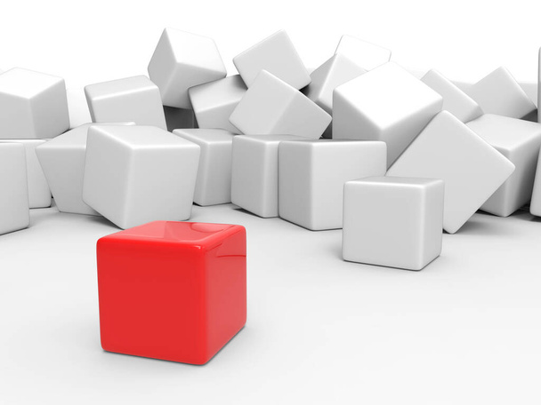 Rode kubus staat uit de stapel witte blokjes - Foto, afbeelding