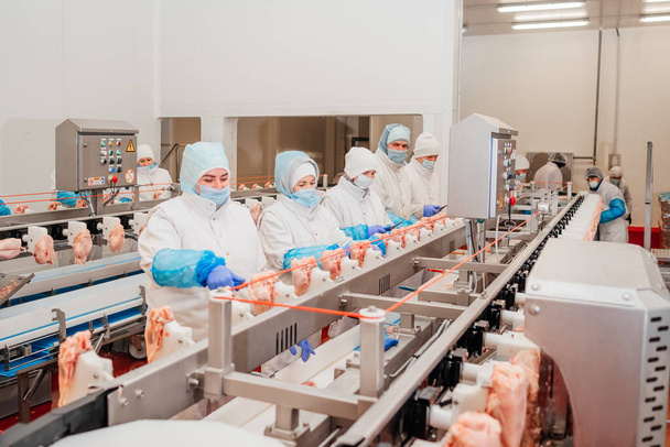 Fleischverarbeitungsbetrieb. Menschen, die in einer Hühnerfabrik arbeiten - Lagerfoto.Automatisierte Produktionslinie in einer modernen Lebensmittelfabrik. - Foto, Bild