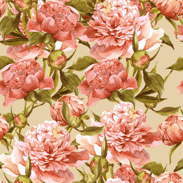 Seamless watercolor background with pink peonies - Photo, Image