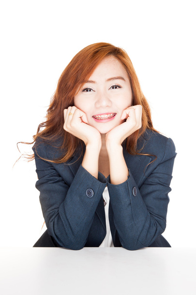 Beauty Asian office girl smile resting her chin on hand - Фото, изображение