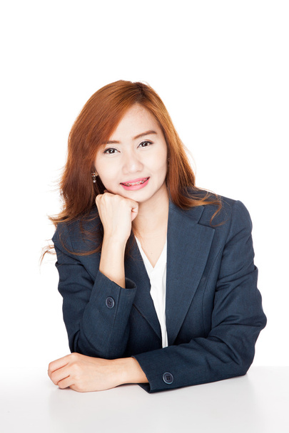 Happy Asian office girl smile resting her chin on hand - Фото, изображение