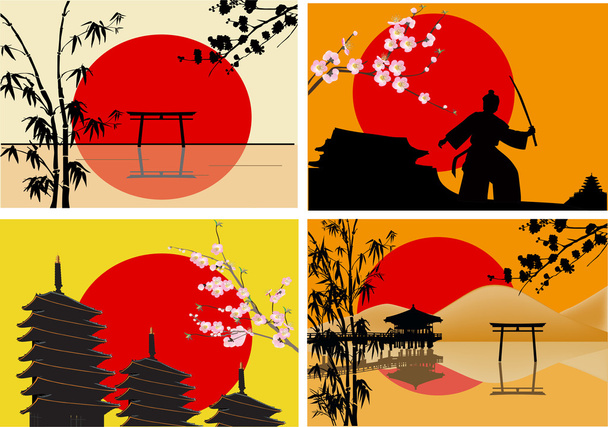 Cuatro composiciones japonesas al atardecer
 - Vector, Imagen