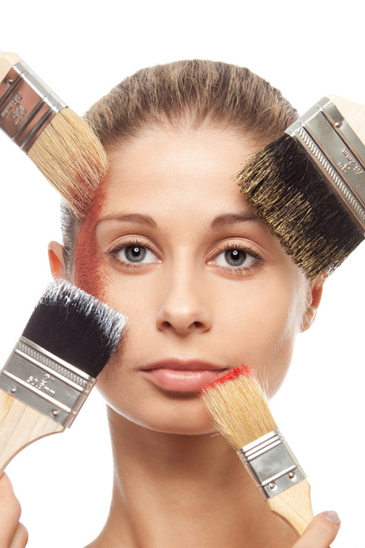 Brushes, makeup and face - Fotoğraf, Görsel