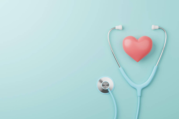 Top view of medical stethoscope and heart on cyan background. Health care insurance concept. 3d rendering - Photo, Image