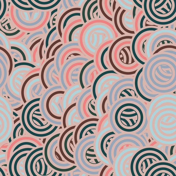 Seamless concentric circle in retro colors dizzy surface pattern design for print. High quality illustration. Psychedelic geo tile of random overlaid dynamic round stripe shaped circles piled up. - Photo, Image