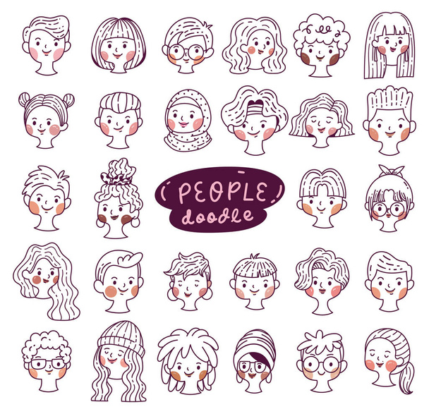 Набор людей аватары, нарисованные вручную различные лица в мультяшном стиле каракули, векторная иллюстрация - Вектор,изображение