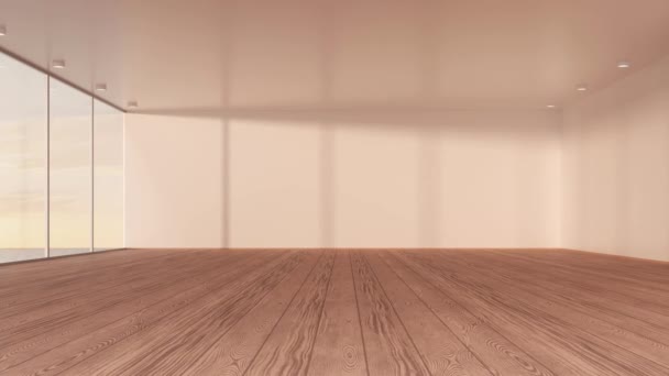 Licht wisselt in de lege kamer met houten vloer, 3d rendering. - Video