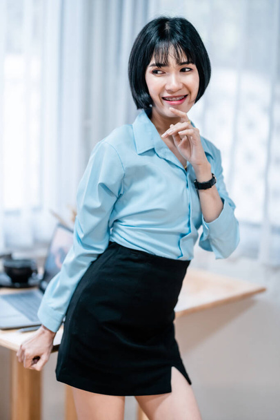 Portrait Smiling with dental braces of asian freelance people business female wearing a blue shirt in cafe interior in coffee shop,Business Lifestyle concept - Foto, Imagem