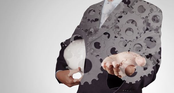 Double exposure of businessman hand with gear to success concept - Photo, Image